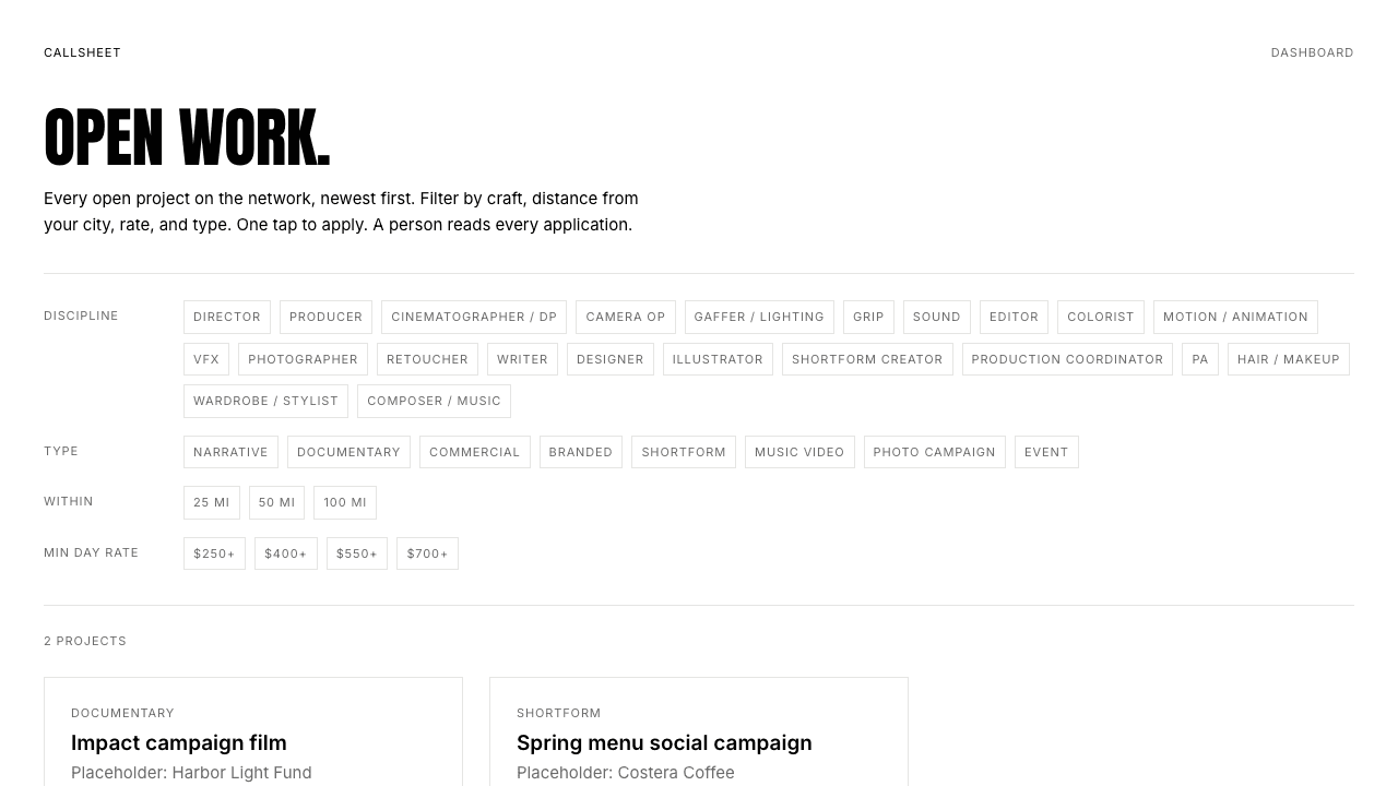 The dashboard a creative sees: matched jobs, profile, applications